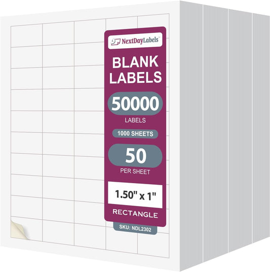 NextDayLabels – 1.5" x 1" Rectangular Sticker Labels for Printer - White Laser/Inkjet Printer Labels Return Address Labels Shipping Label Stickers (1000 Sheets, 50 Per Sheet, 50000 Labels)
