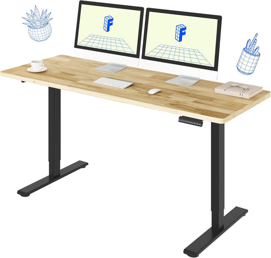 FLEXISPOT E3 Solid Wood Dual Motor Standing Desk 63x24 Inch Whole-Piece Board Electric Height Adjustable Stand Up Desk (Black Frame + Rubber Wood Desktop)