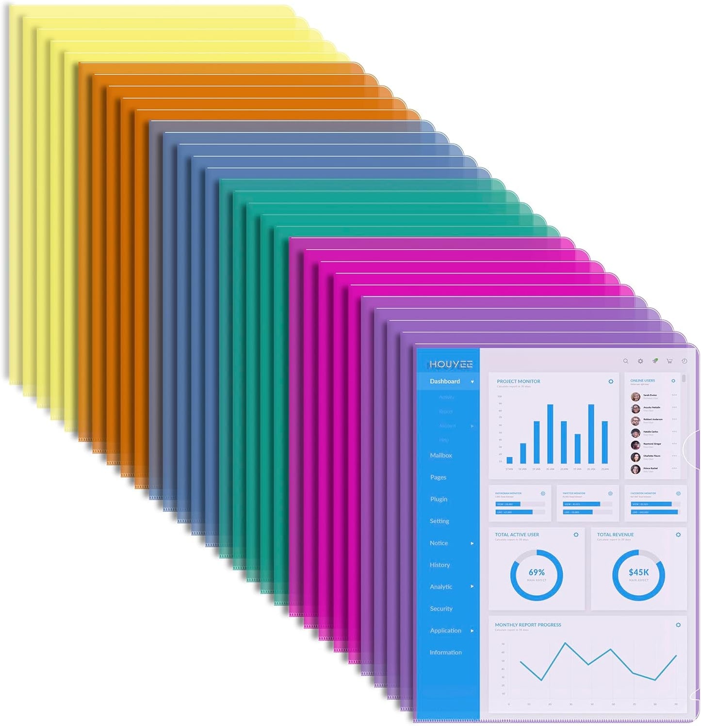 HOUYEE 30 Pack Clear Document Folder, Plastic Paper Sleeve Fit for Letter Size Paper, for Home, Office, and School Use(6 Assorted Colors)