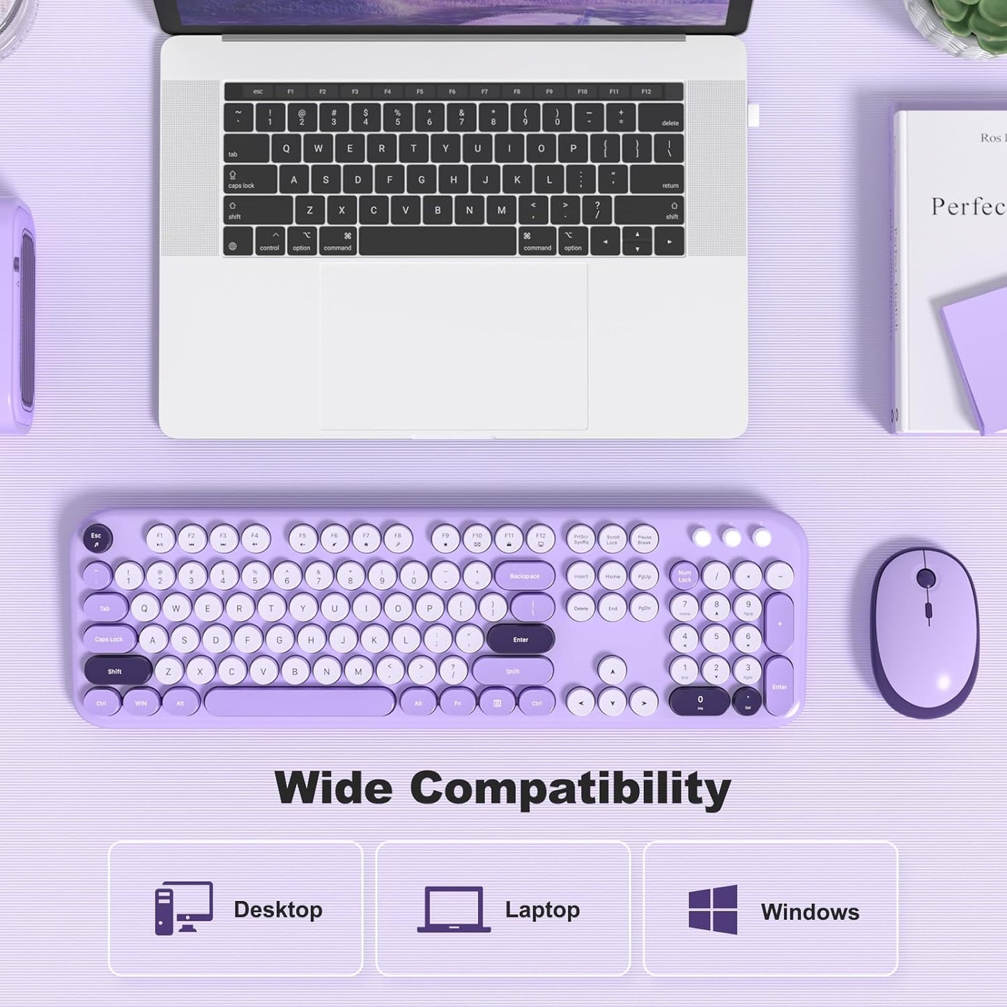 MOFII Wireless Keyboard and Mouse, Retro Typewriter Keyboard and Silent Mouse, 2.4GHz Full Size Keyboard and Mouse Wireless Combo for Laptop, PC, Desktop, Windows (Violet)