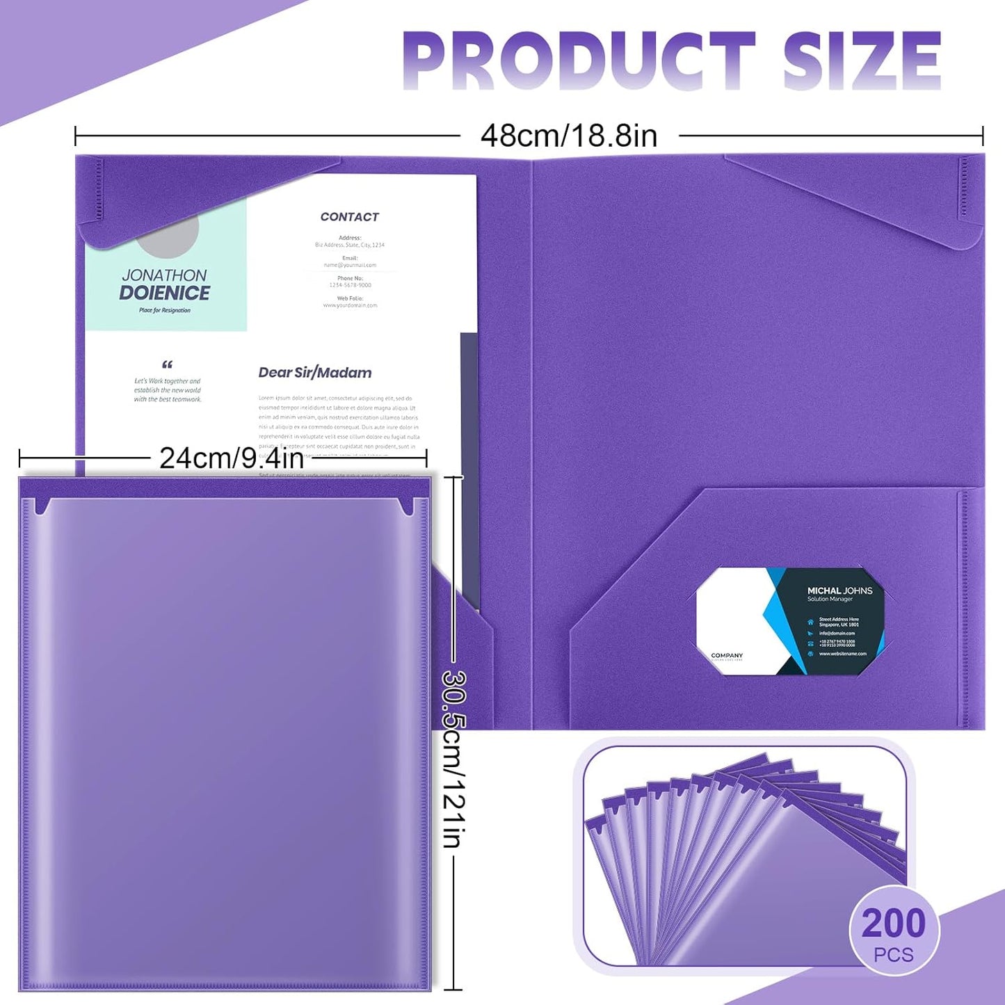 Henoyso 200 Pcs Plastic Folders with Clear Front Pockets Bulk Heavy Duty File Folders with 2 Pockets and Card Slot for Student Teacher Back to School Supplies Office Presentation (Purple)
