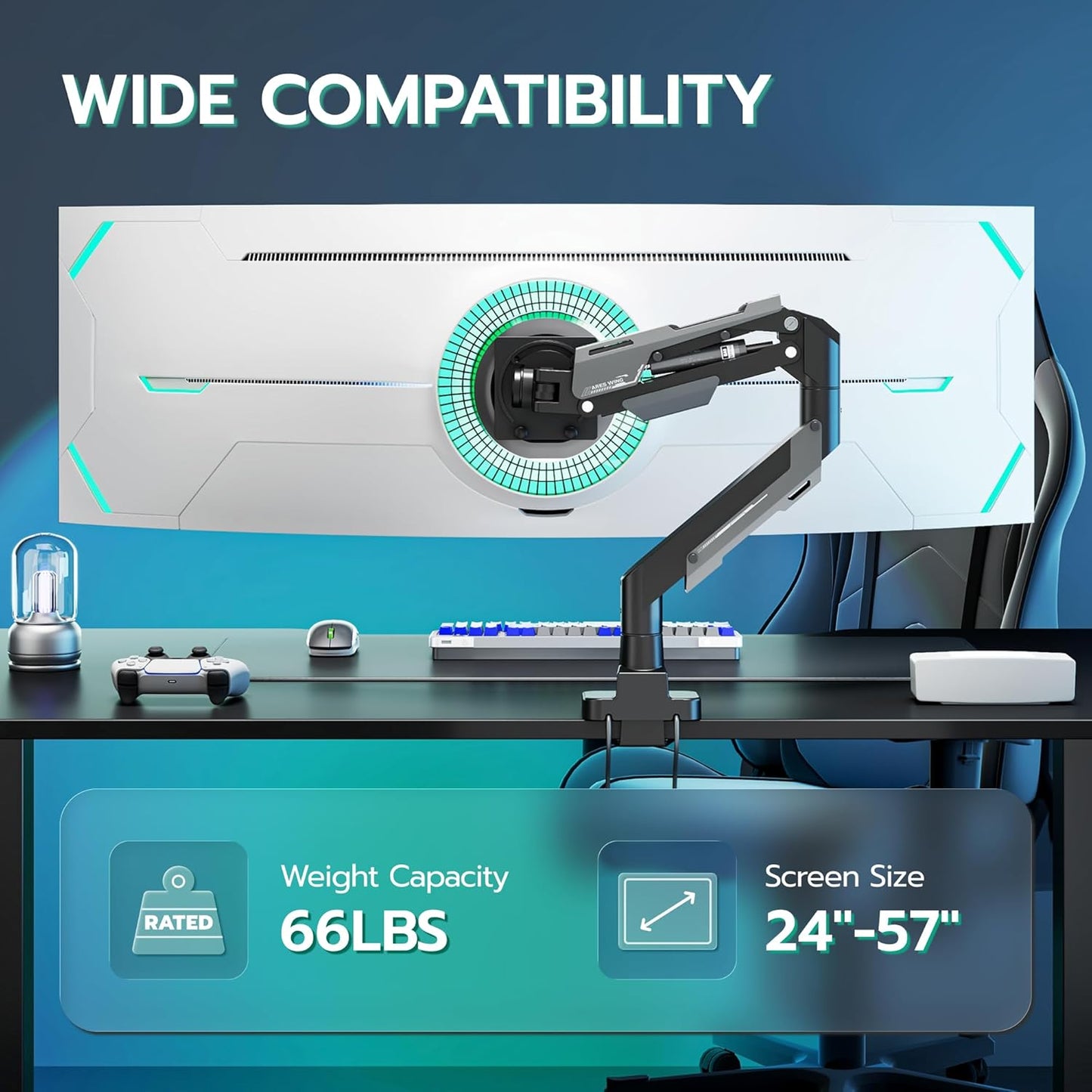 ARES WING Heavy Duty Ultrawide Monitor Arm - Gas Spring Aluminum Monitor Mount with USB for 24"-57" Curved Screens up to 66 lbs with Clamp/Grommet Desk Mount, 75/100/200 Vesa Mount, Black