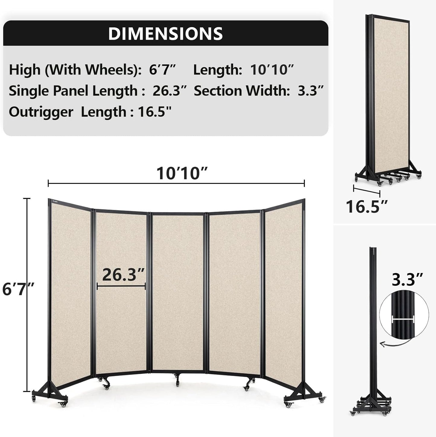 Room Partition,Folding Privacy Divider,Office Partition Dividers,Office Dividers Wall, 10'6"W x 6'7"H,Beige