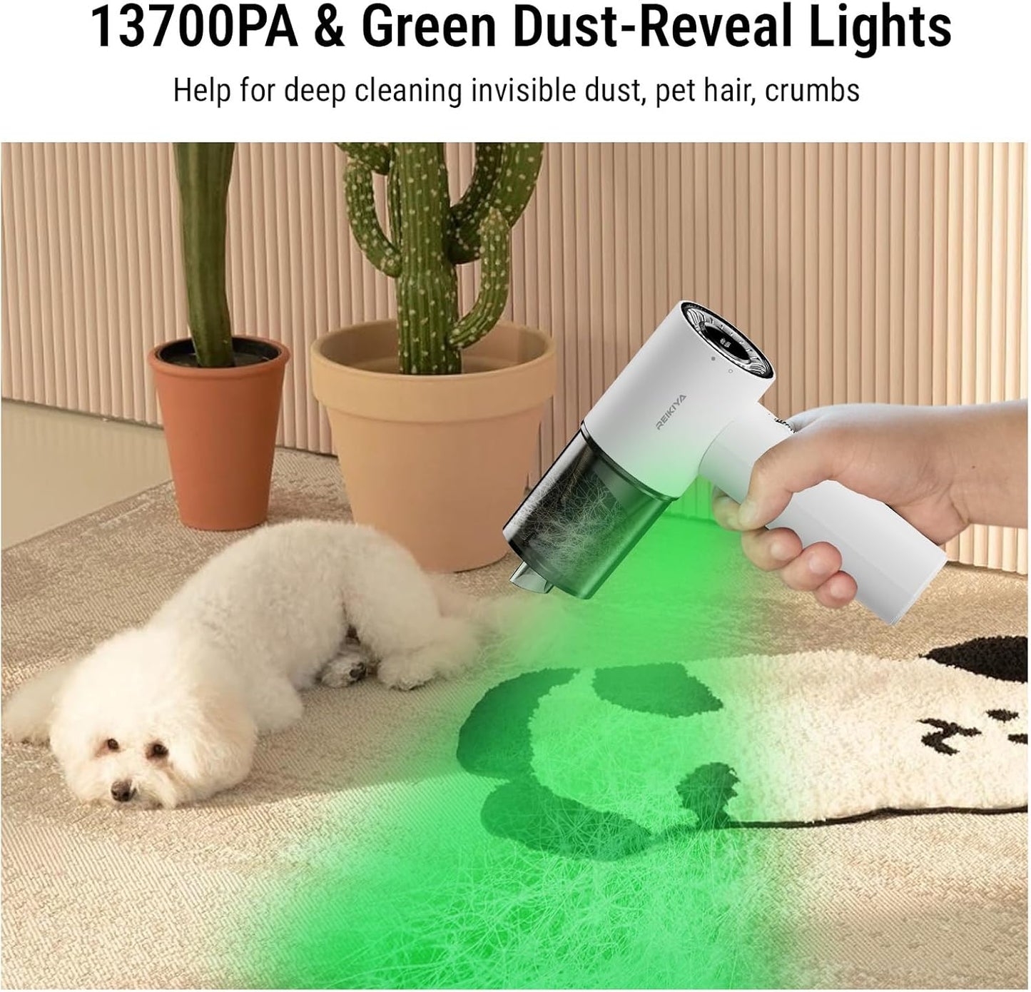 REIKIYA 14KPA High Power Mini Car Vacuum Computer Keyboard Cleaner and Blower Cordless Portable Handheld Vacuum & Compressed Air Duster 2in1 with Green LED Light& Multi-Nozzles for Car Home Office