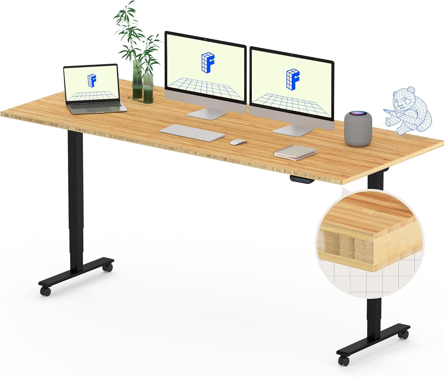 FLEXISPOT E6 MAX Bamboo Dual Motor 3 Stages Standing Desk 72x30 Inch Whole-Piece Board Electric Height Adjustable Stand Up Desk 150KG Load Capacity(Black Frame + Bamboo Desktop)