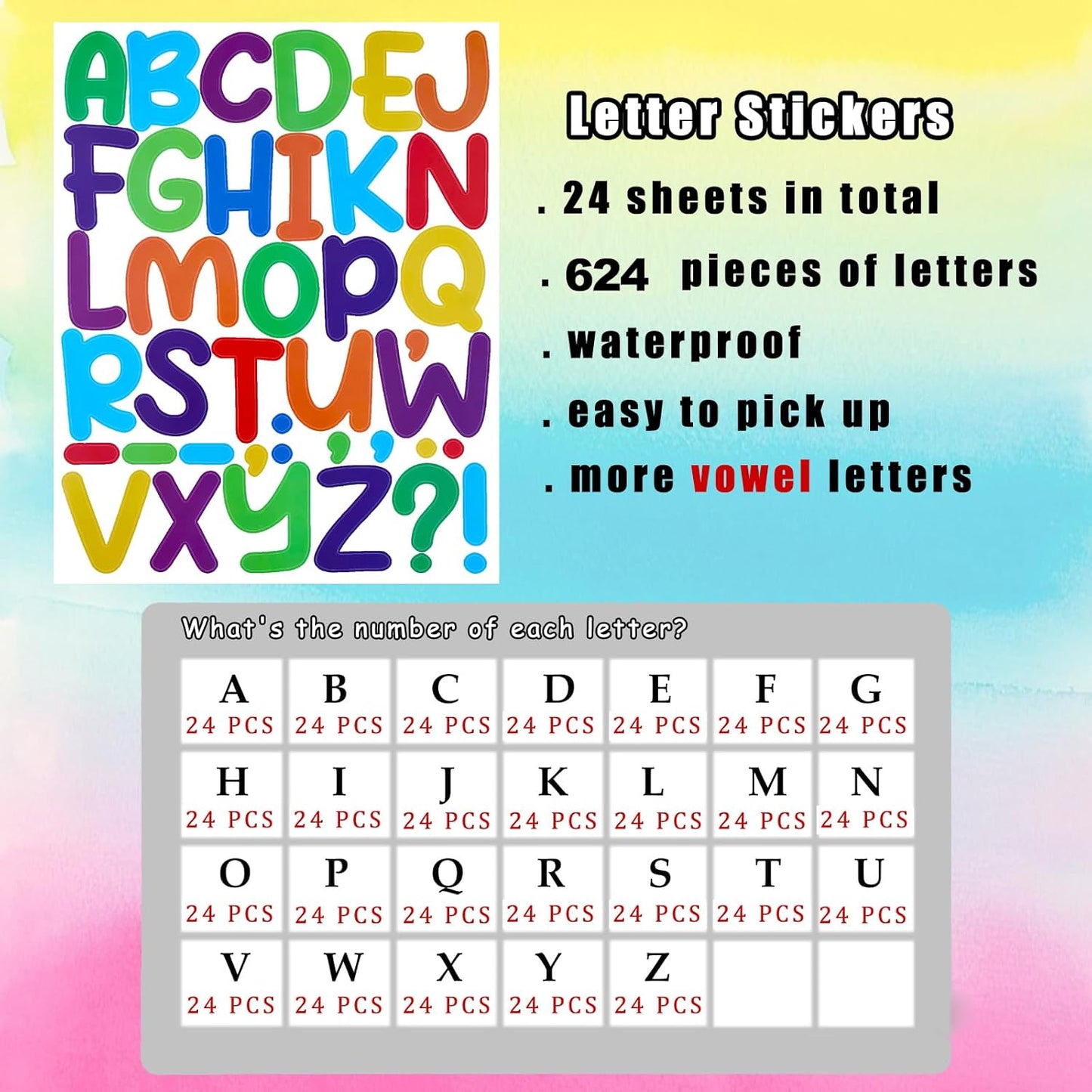 Bemeol 912 Pieces Letter Stickers 24 Sheets 2 Inch Alphabet Letter Stickers Self Adhesive Sticker Letters for Bulletin Board Classroom Mailbox Door Home Decor(Colorful)