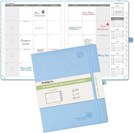 POPRUN Monthly Planner 2026-2027 (Large- 8.5" x 10.5" Soft Cover), 18-Month Calendar Book (Jan.2026 - Jun. 2027), Calendar Planner with Monthly Tabs & Pocket, 100 GSM Paper - Blue