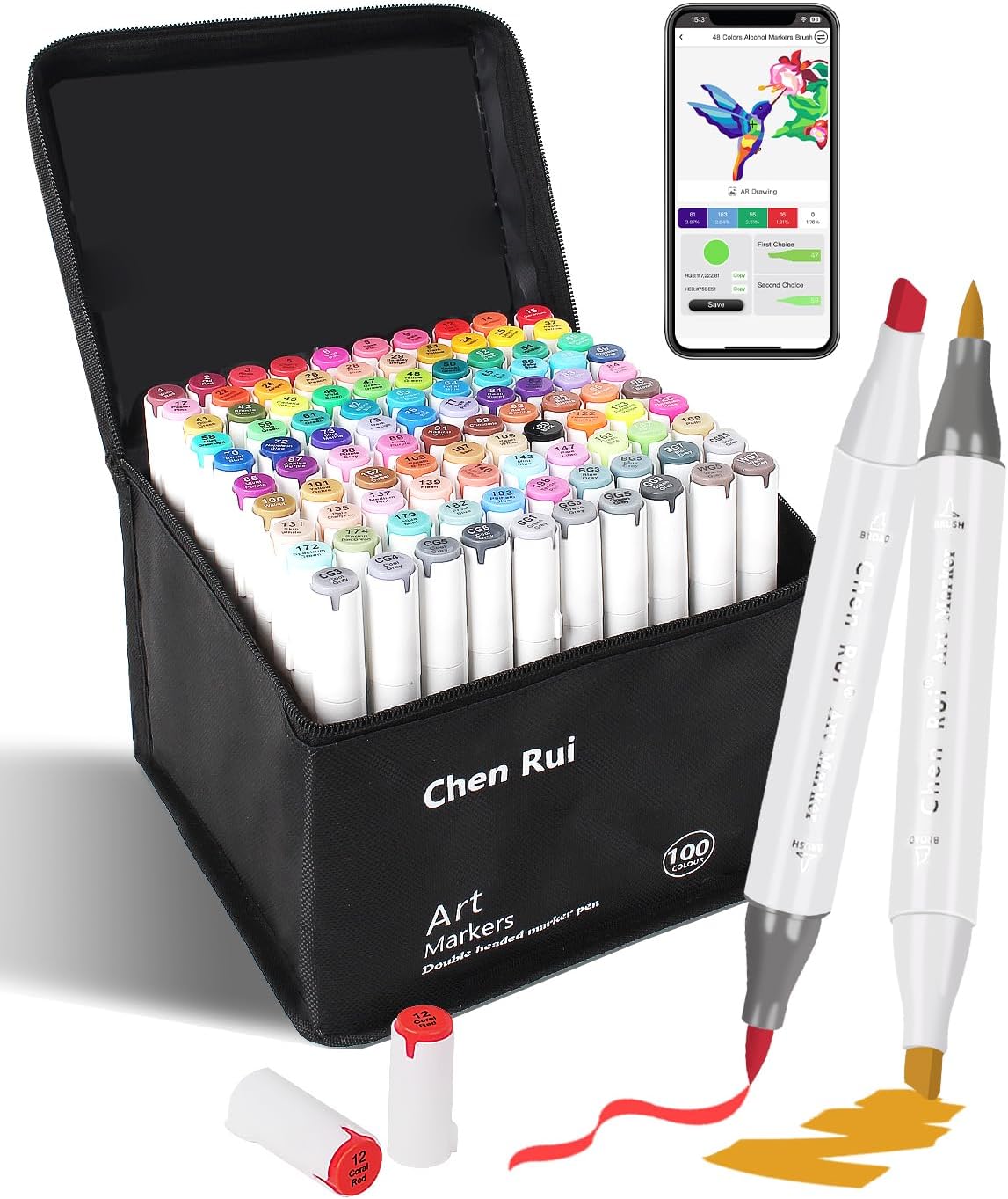 YHC 100 Colors Alcohol Brush Marker with Free App,Dual Tips Art Markers for Adults and Kids, Alcohol Based Brush & Chisel Tips Markers for Drawing, Coloring, Painting, Sketching