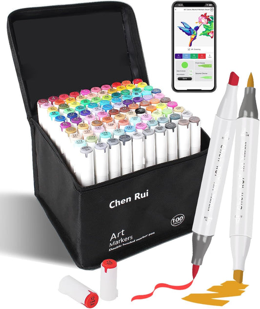 YHC 100 Colors Alcohol Brush Marker with Free App,Dual Tips Art Markers for Adults and Kids, Alcohol Based Brush & Chisel Tips Markers for Drawing, Coloring, Painting, Sketching