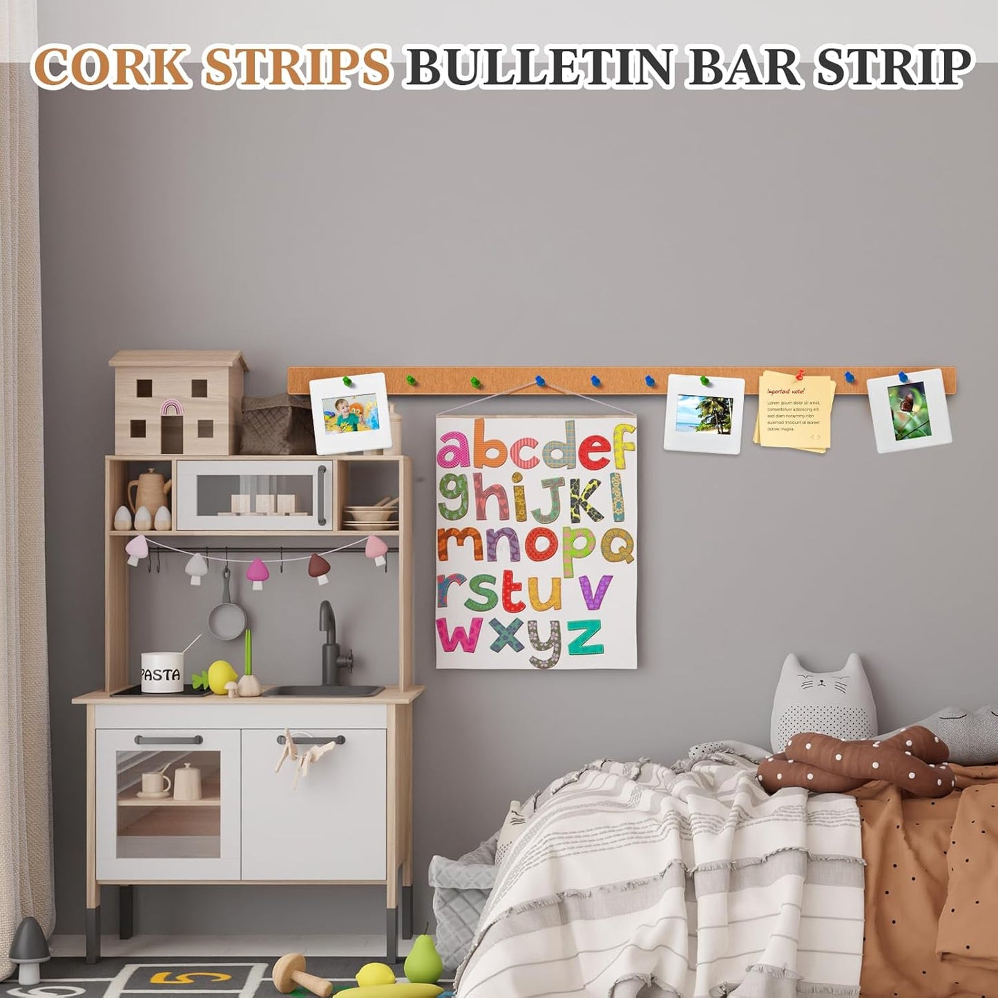 4 Pcs 48" x 1" Foldable Felt Cork Strips Bulletin Bar Strip for Wall,Notice Board Self Adhesive Cork Wall Decoration,Paste Note,Photo,Schedules,Office Home Decor