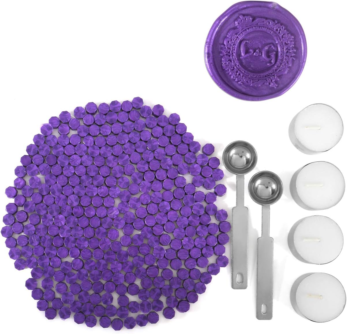 Purple Sealing Wax Beads, Yoption 300 Pieces Octagon Wax Seal Beads Kit with 2 Melting Spoon and 4 Candles for Seal Stamp (Purple)