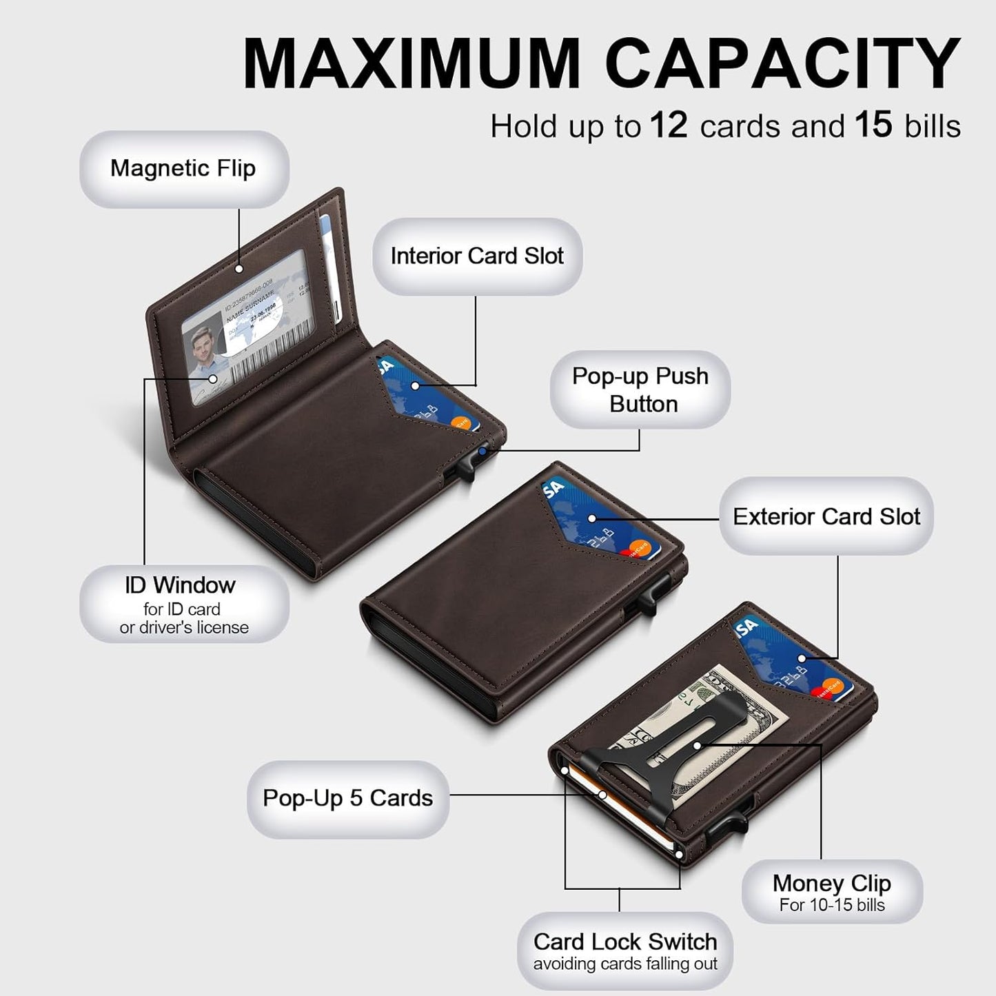 Wallet for Men, RFID Wallet with Money Clip & ID Window, Minimalist Pop Up Credit Card Case Holder 10-12 Cards, Bifold Slim Smart Wallet for Front Pocket, Compact Metal Wallets, Gifts for Men, Coffee