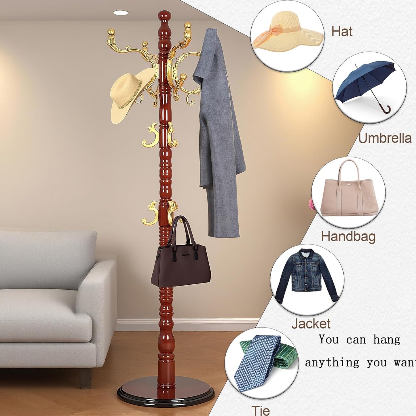 Vintage Wooden Coat Rack Free Standing,14 Hooks, 3-Level Adjustable Height, 73-Inch Retro Coat Rack Stand, Suitable for Entryway, Living Room, Office and Bedroom (Begonia color, 1PCS)