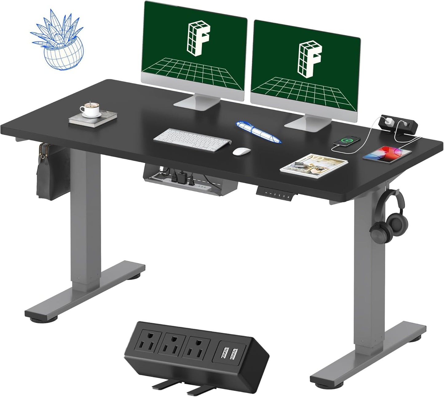 FLEXISPOT EN2 Whole-Piece Standing Desk with Clamp Power Strip, 55 x 28 Electric Stand Up Height Adjustable Desk with Cable Management (Gray Frame + 55" Black Top, 2 Packages)