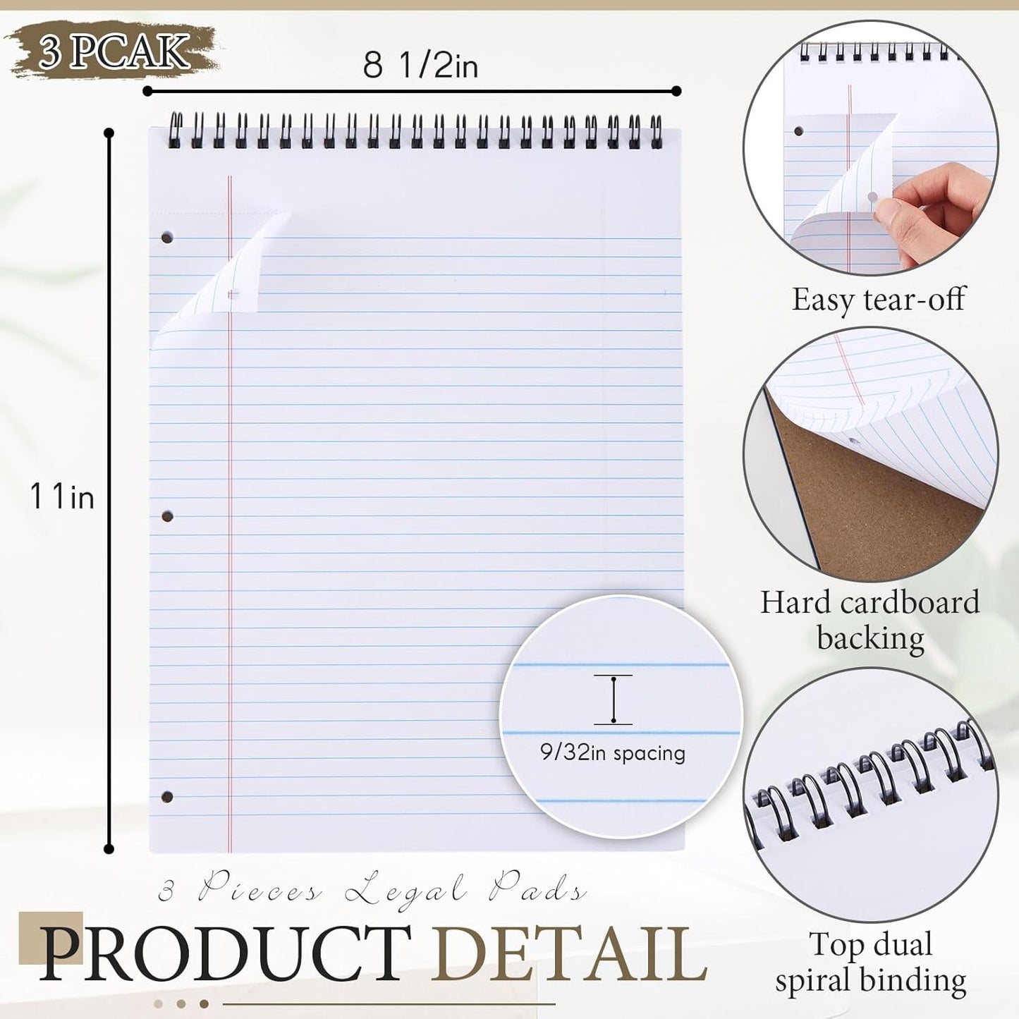 3 Packs 8.5" x 11" Top Spiral Notebook with 3 Hole Punched Legal Pads College Ruled Notepad 50 Sheets Hard Cardboard Paper Wirebound Notepad for Office School Business (Dark Colors)