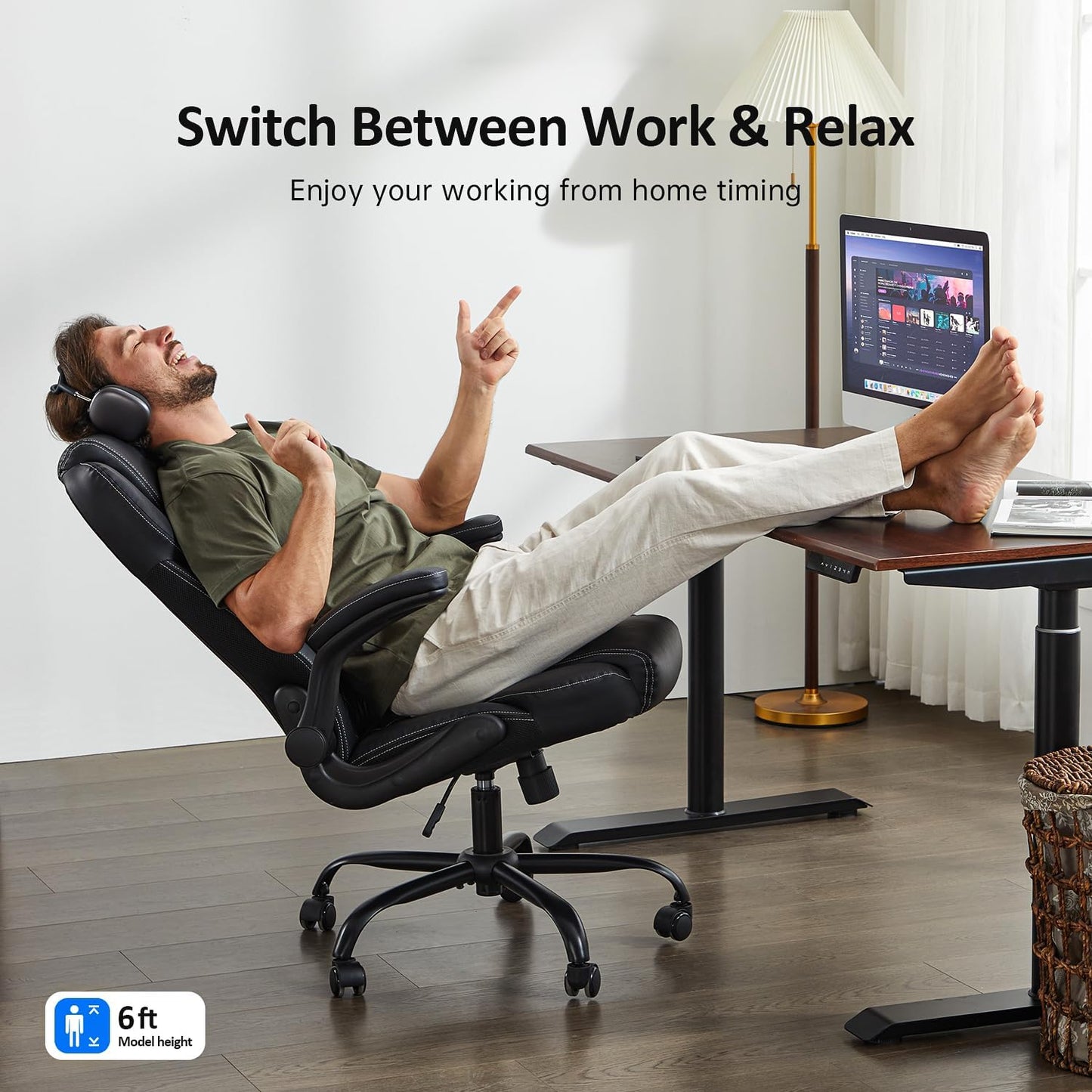 Office Chair, Executive Leather Chair Home Office Desk Chairs, Ergonomic Computer Desk Chair with Adjustable Flip-Up Arms, Lumbar Support Swivel Task Chair with Rocking Function (Black)