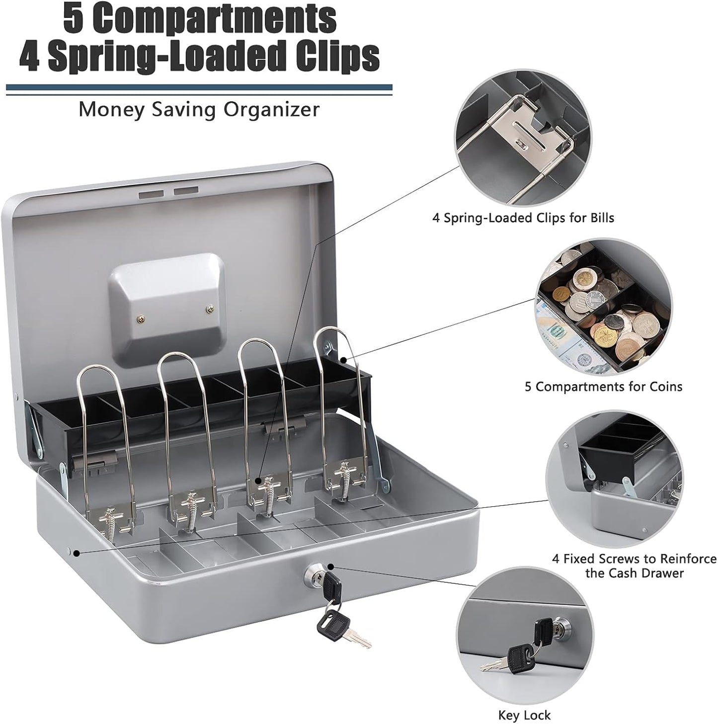 KYODOLED Locking Cash Box with Lock,Money Box with Cash Tray,Lock Safe Box with Key Money Saver,Money Saving Organizer,11.81Lx 9.45Wx 3.54H Inches,Lightgrey XL Large