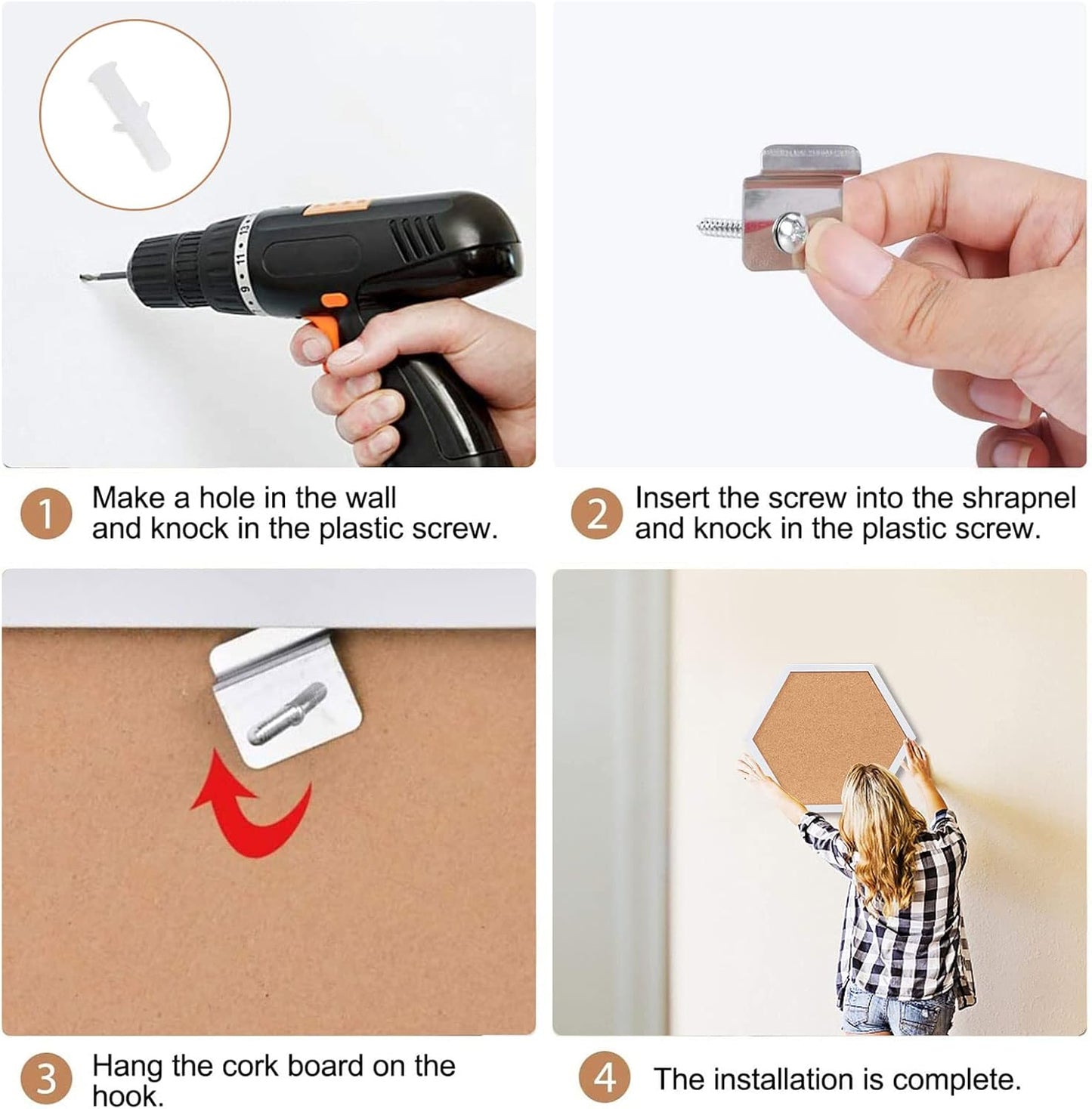 Cork Bulletin Board Hexagon White, Small Framed Corkboard Tiles for Wall, Thick Decorative Display Boards for Home Office Decor, School Message Board (4 Pack)