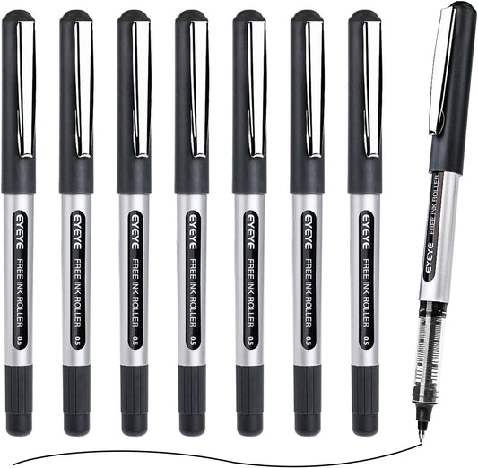 EYEYE Rollerball Pens Black 0.5mm, 8 Pack Extra Fine Point Quick Dry, Liquid Ink Pens Fine Point Smooth Writing Pen for Journaling, Note Taking, Office, School Supplies