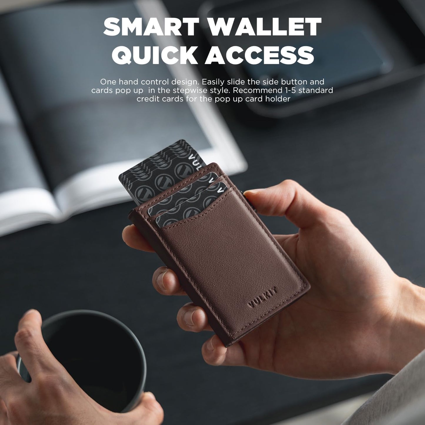 VULKIT Men's Wallet with ID Window Top Grain Leather RFID Blocking Minimalist Wallet Pop Up Card Holder Magnetic Closure