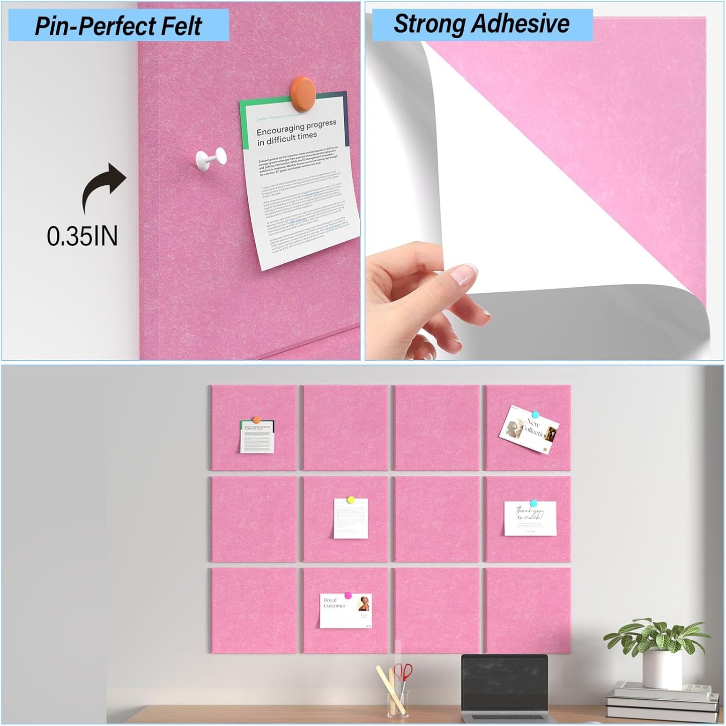 Large Cork Boards for Walls – 48 x 36 Self Adhesive Felt Wall Tiles, Ideal for Office Black Bulletin Board, Easy to Install Pin Board Photo Board