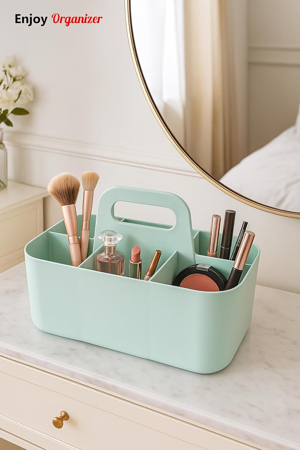 Small Stackable Plastic Caddy with Handle 6 Compartment | Desk, Makeup, Dorm Caddy, Classroom Art Organizers - 4 Pack, Made In USA (Mint/Ivory/Black/Gray)