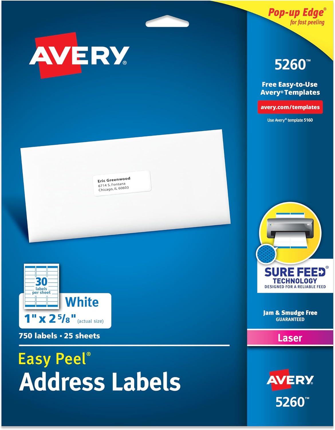Avery Easy Peel Printable Address Labels with Sure Feed, 1" x 2-5/8" Customizable Stickers, White, 750 Blank Mailing Labels, Great for Mailing, Shipping, and More (5260)