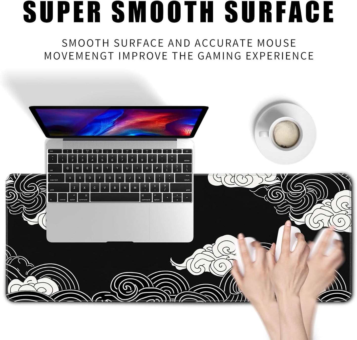 Black and White Mouse Pad Japanese Clouds Mouse Pad XL Anime Big Mouse Pads for Desk Large Gaming Large Mouse Pad for Men Desk Pad with Stitched Edges Non-Slip Large Computer Mat, 31.5x11.8 in