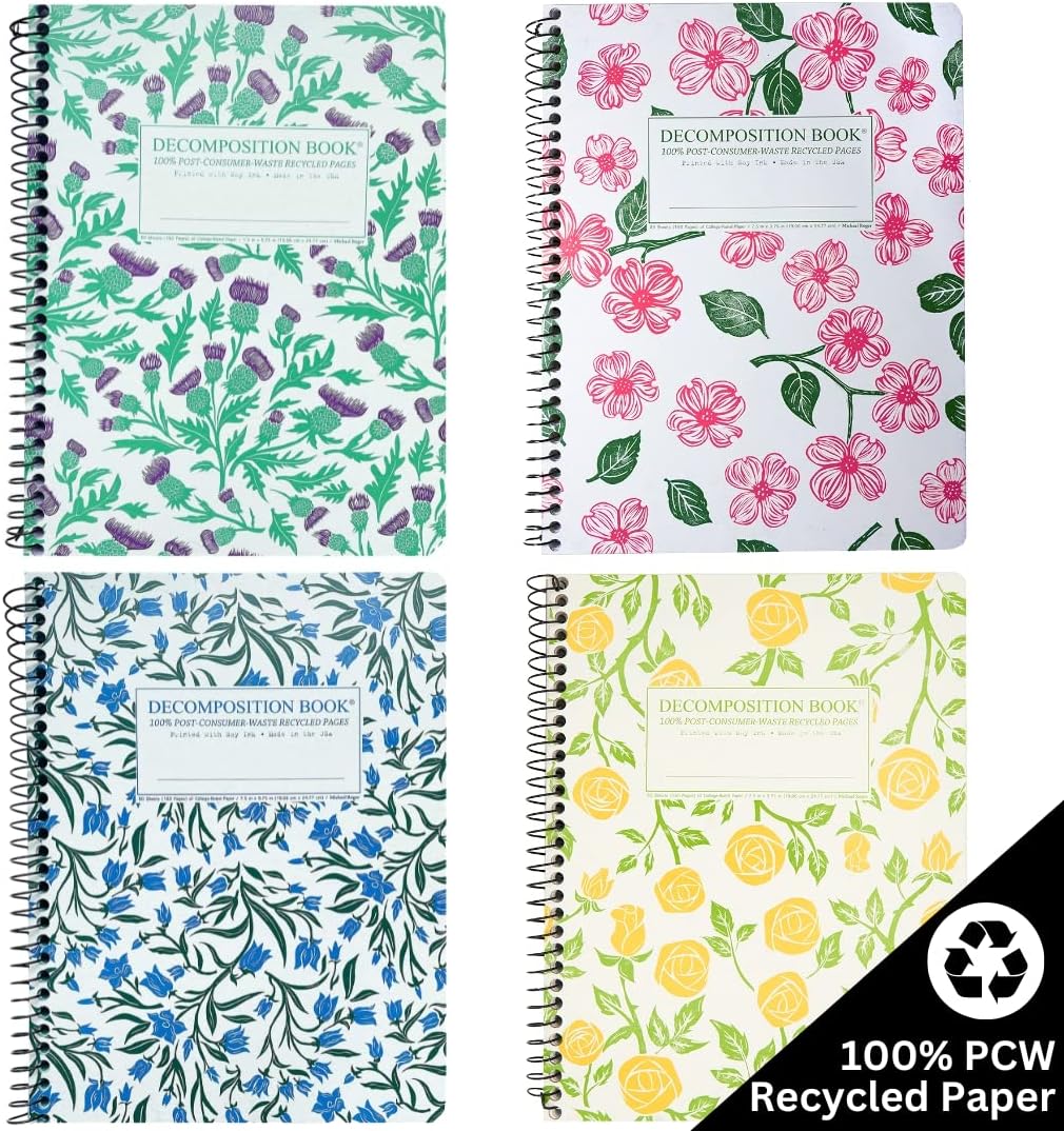 Decomposition 4-Pack Flowery Bouquet College Ruled Spiral Notebook - 9.75 x 7.5 Journal with 160 Lined Pages - 100% Recycled Paper - Cute Notebooks for School Supplies, Home & Office - Made in USA