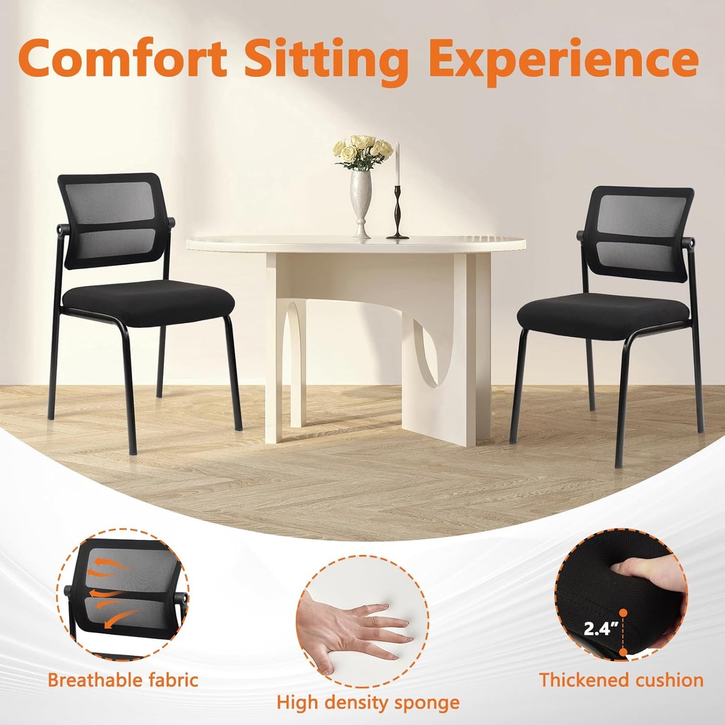 CLATINA Stacking Armless Office Waiting Room Chair with Adjustable Backrest, Stackable Mesh Guest Reception Desk Chairs with Ergonomic Lumbar Support for Conference Lobby Side School, Black, 2 Pack