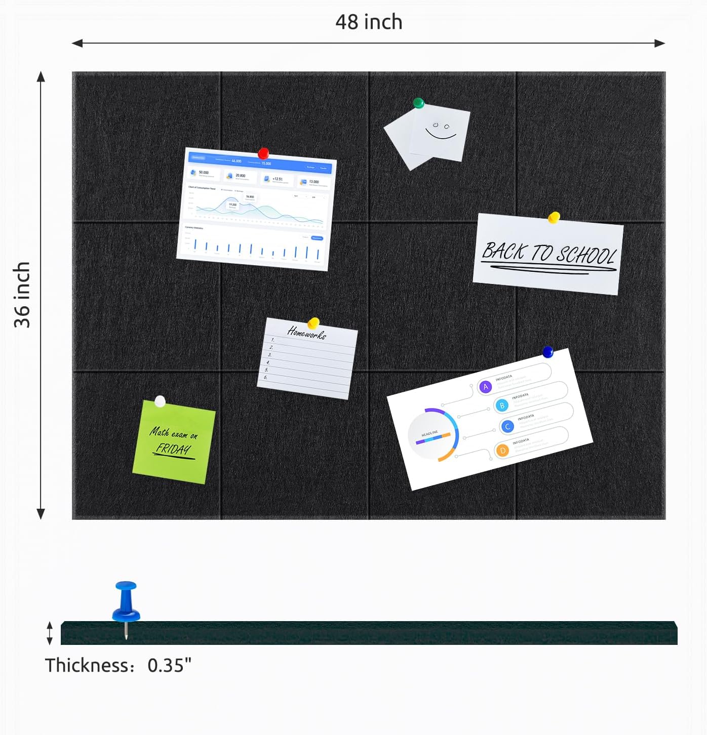 Cork Board for Wall,48"x36" 12 Pack Felt Wall Tiles with Safe Removable Adhesive Tabs, Bulletin Boards for Home Office Kitchen, Pin Board Notice Board for Photos, Memos, Black