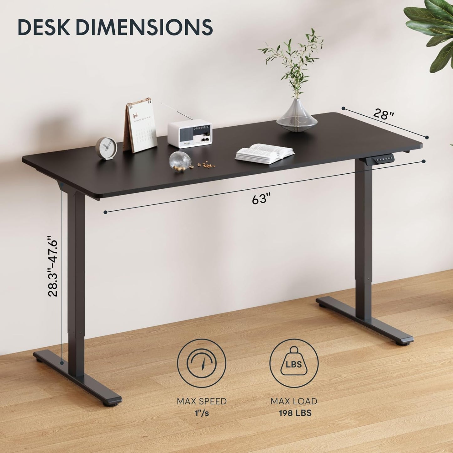 FLEXISPOT 63 x 28 Inch Dual Motor Standing Desk, Computer Desk with Memory Controller, Home Office Desk with Splice Board (Black Frame + 63" Black Desktop, 2 Packages)