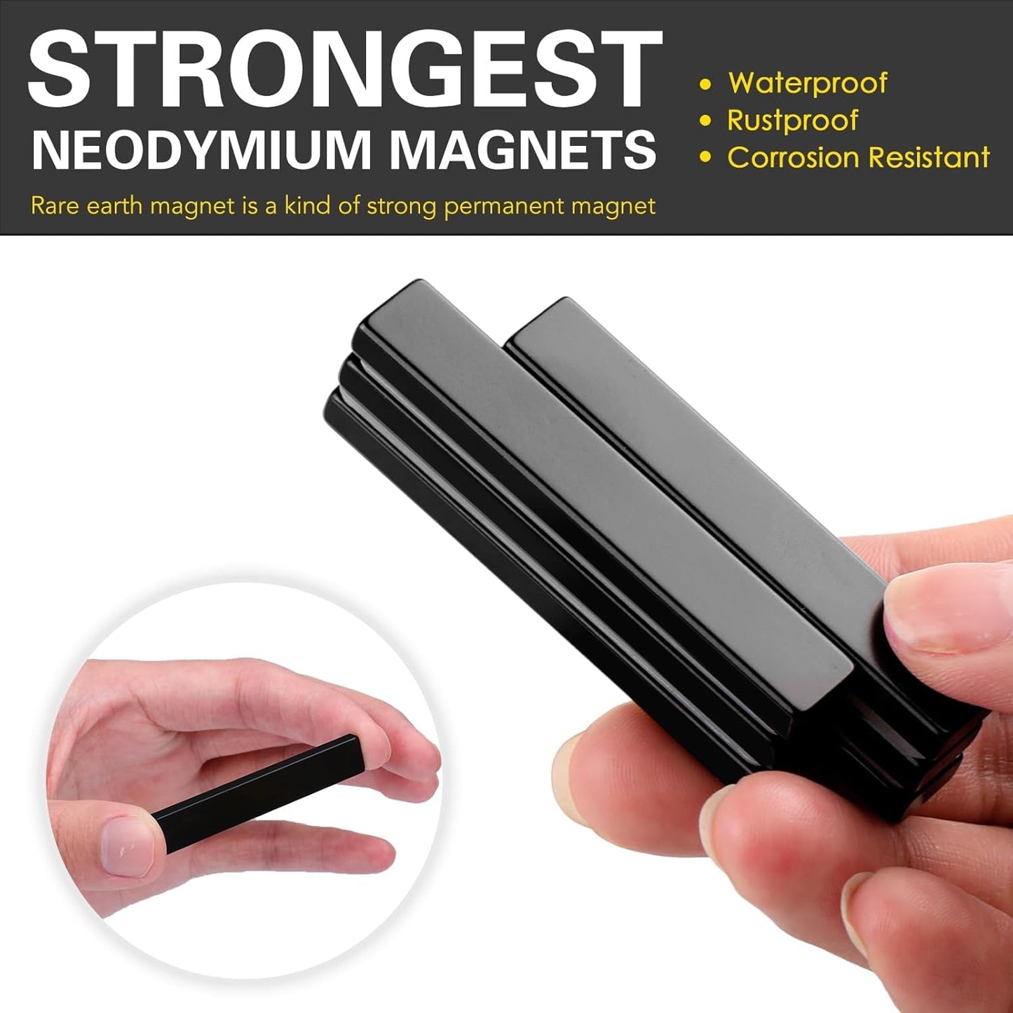 LOVIMAG Waterproof Strong Neodymium Bar Magnets, Black Refrigerator Magnets with Double- Sided Adhesive, Heavy Duty Magnet for Shower Door,Fridge,Office,Scientific Etc, 60 x 10 x 5 mm, Pack of 50