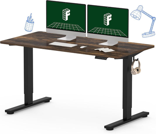 FLEXISPOT One-Piece Electric Standing Desk, 55 x 28 Inches Adjustable Desk with Seamless Desktop, Memory Controller Height Adjustment (Black Frame + Rustic Brown Desktop, 2 Packages)