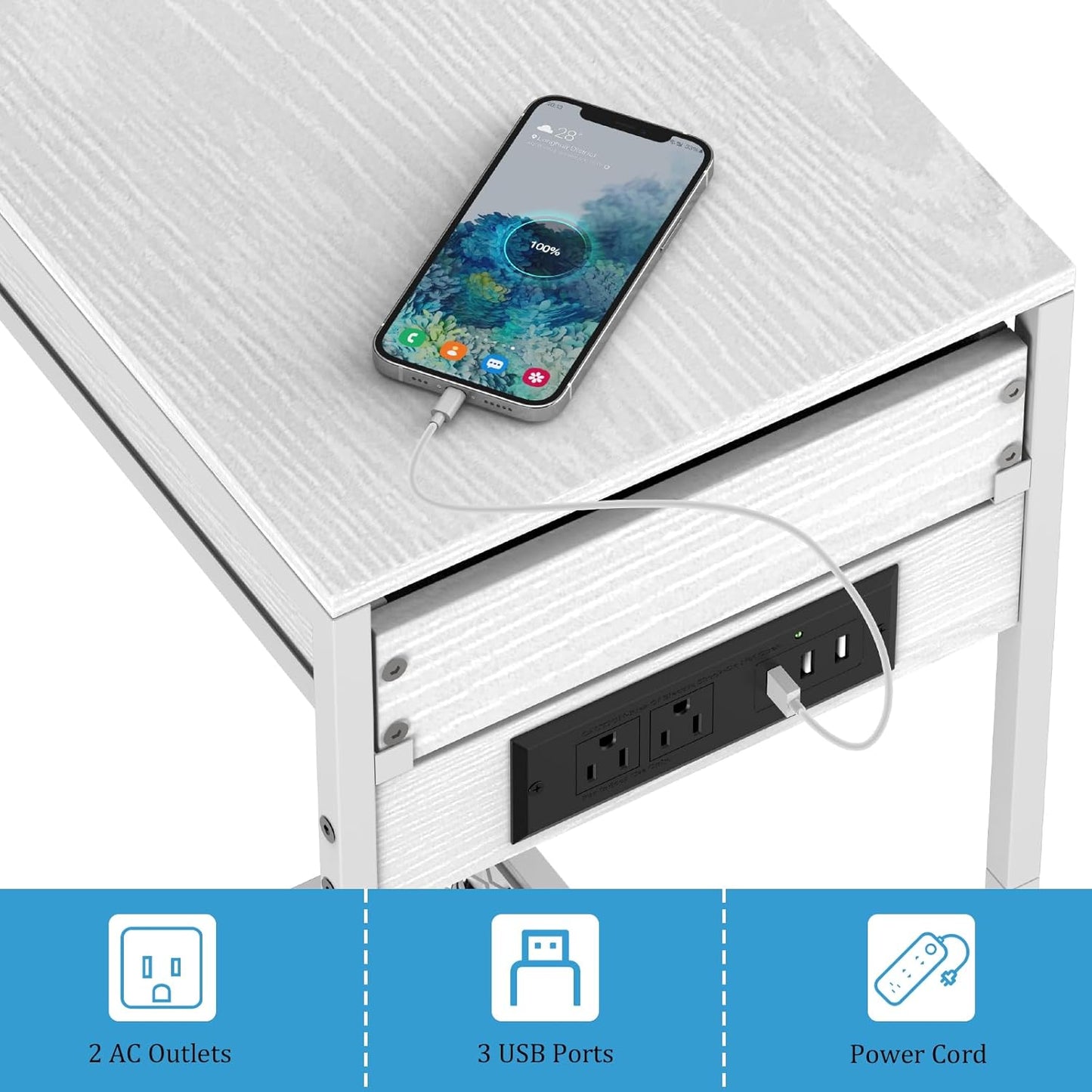 Computer Tower Stand, Adjustable PC Tower Stand CPU Holder Cart with Charge Station and USB Charging Port, 2 Tier Printer Stand with Wood Storage Drawer for Home Office Fax, White