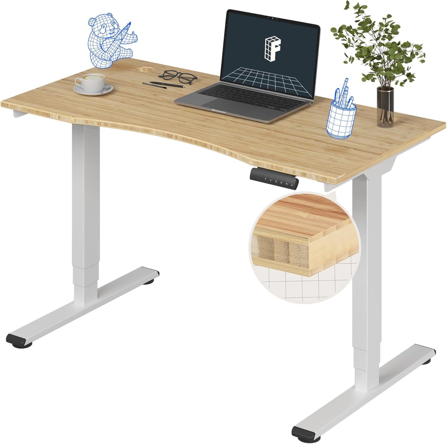 FLEXISPOT E6 Essential Bamboo 3 Stages Dual Motor 48x24 Inch Electric Height Adjustable Standing Whole-Piece Board Desk Sit Stand Up Desk (White Frame + Bamboo Curved Desktop)