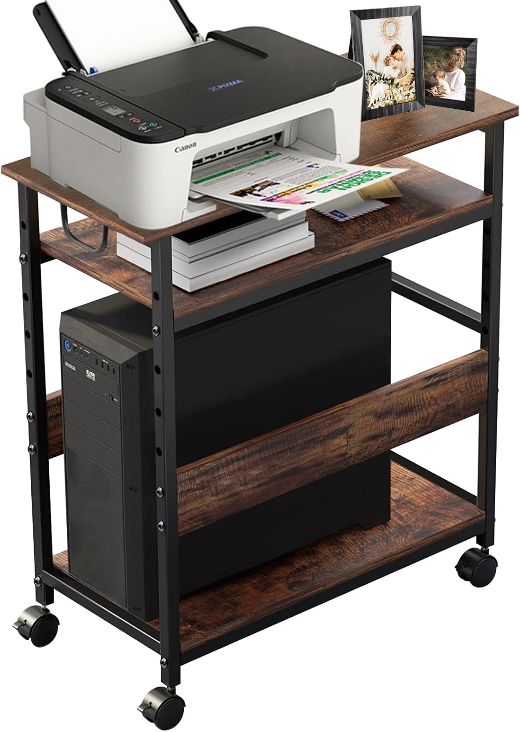 Computer Tower Stand Under Desk, Computer Tower and Printer Stand, Computer & Machine Carts, 3-Tier Computer Tower Floor Stand with Side Shelf, Wood and Metal Printer Table for Home Office