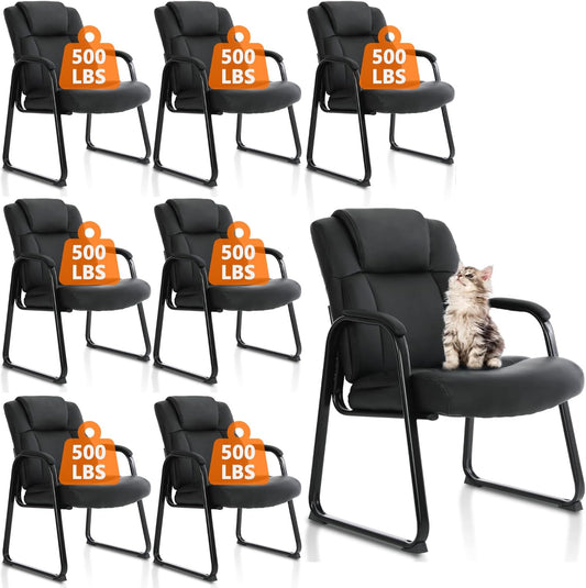CLATINA Big & Tall 500 lb. Guest Chair, Leather Reception Chairs with Sled Base and Padded Arm Rest for Waiting Room Office Home and Meeting Conference-Black (8 Pack)