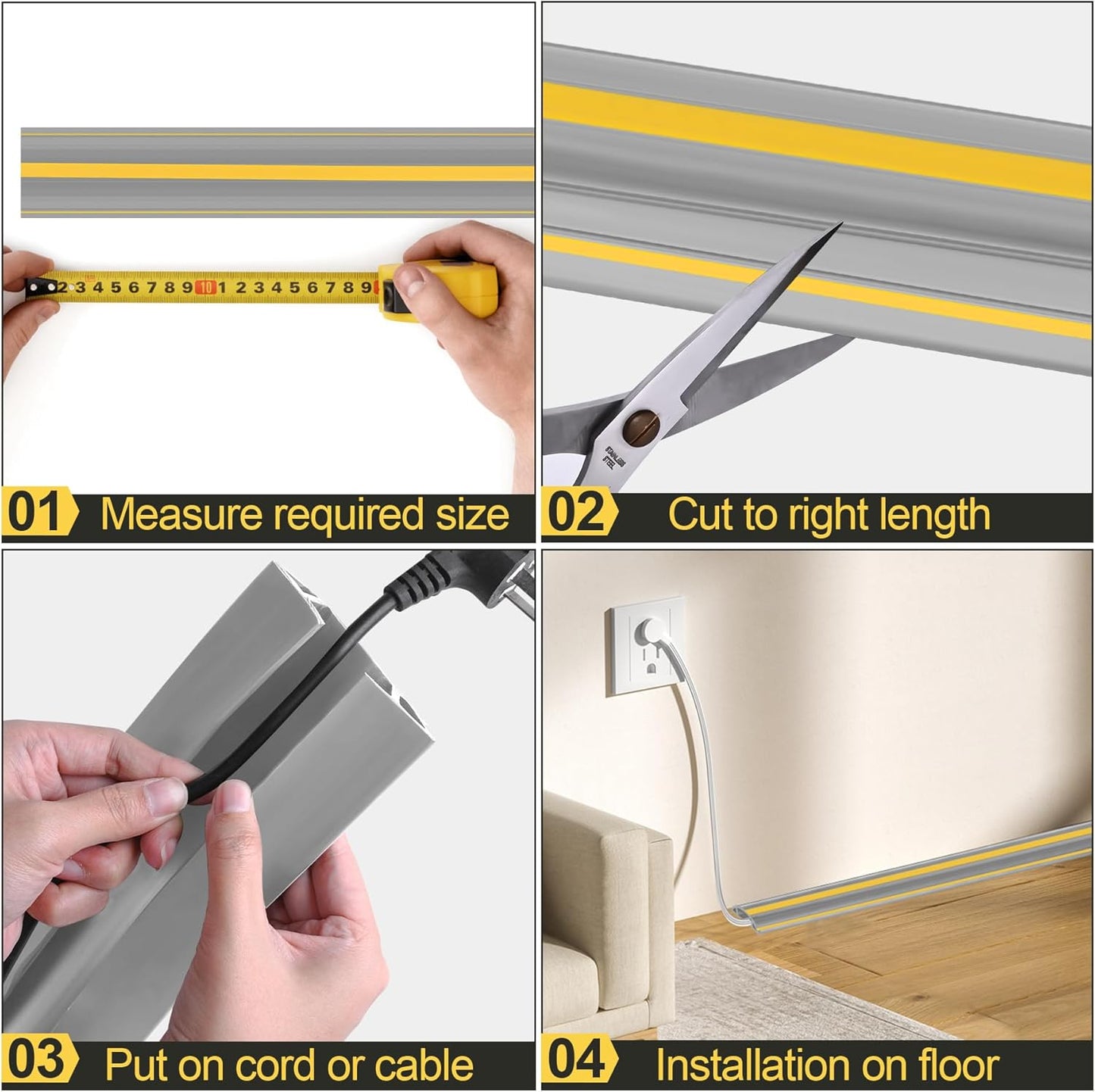 MYFAMIREA 20FT Floor Cord Cover Heavy Duty Cable Cover Protector 3 Channels Extension PVC Floor Wire Cover Outdoor Cord Hider Management Cord Cover for Wire on Floor Home Outdoor (2PCS 10FT, Grey)