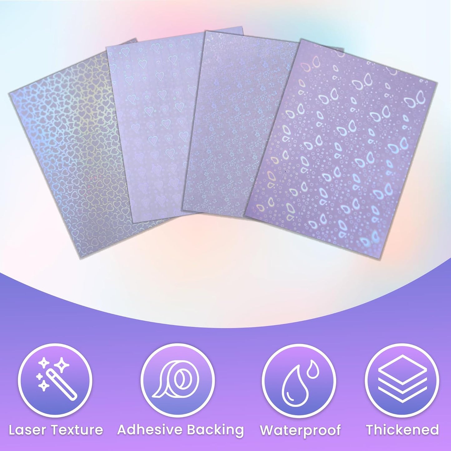 SANZIX 36 Transparent Holographic Laminate Sheets - A4 Waterproof Self Adhesive Sticker Paper Laminating Sheets & Vinyl Sticker Paper (Flower, Butterfly, Small & Big Hearts)