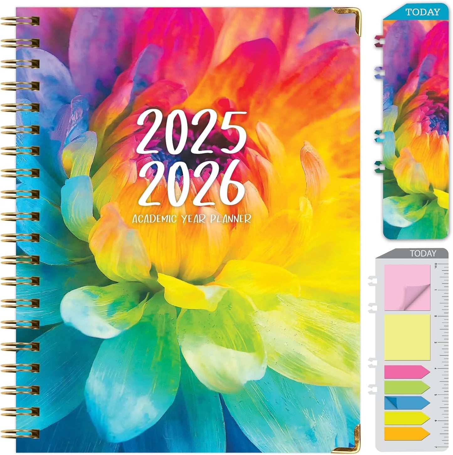 HARDCOVER Academic Year 2025-2026 Planner: (June 2025 Through July 2026) 8.5"x11" Daily Weekly Monthly Planner Yearly Agenda. Bookmark, Pocket Folder and Sticky Note Set (Rainbow Petals)