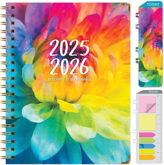HARDCOVER Academic Year 2025-2026 Planner: (June 2025 Through July 2026) 8.5"x11" Daily Weekly Monthly Planner Yearly Agenda. Bookmark, Pocket Folder and Sticky Note Set (Rainbow Petals)