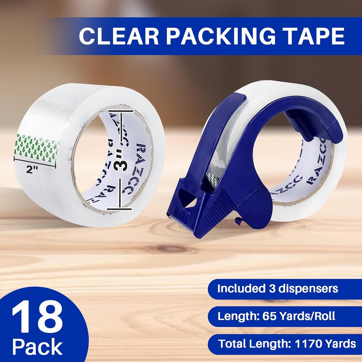 Clear Packing Tape, 18 Rolls Heavy Duty Packaging Tape with Dispensers for Packing Shipping Moving and Sealing, Thicker Packing Tape-2" x 65 Yards Per Roll, 1170 Total Yards