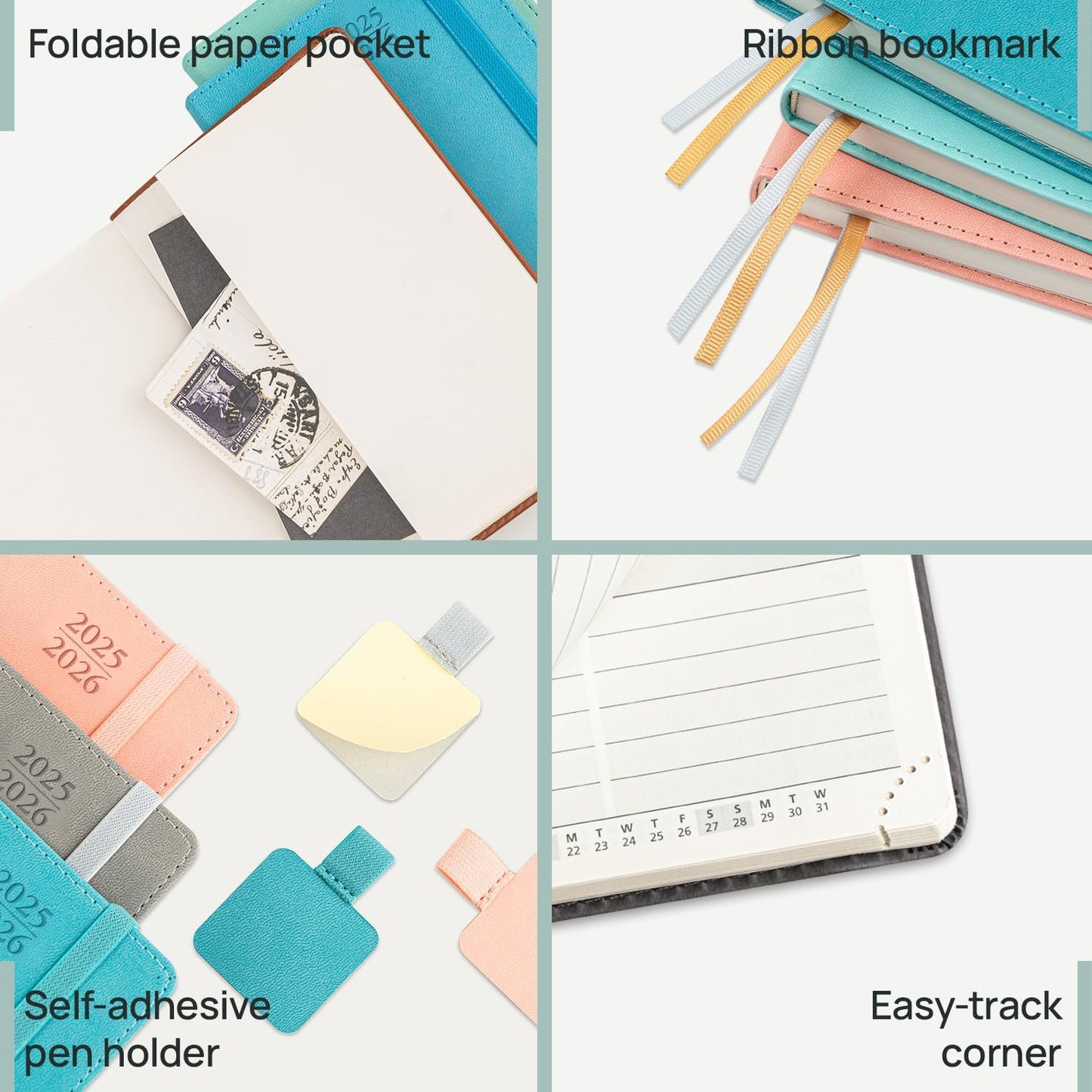 POPRUN Pocket Planner 2025-2026 (Purse Size 4'' x 6.25'') Academic Small Calendar (July 2025 - June 2026) with Hourly Time Slots, 100GSM Thick Papers, Leather Soft Cover - Green