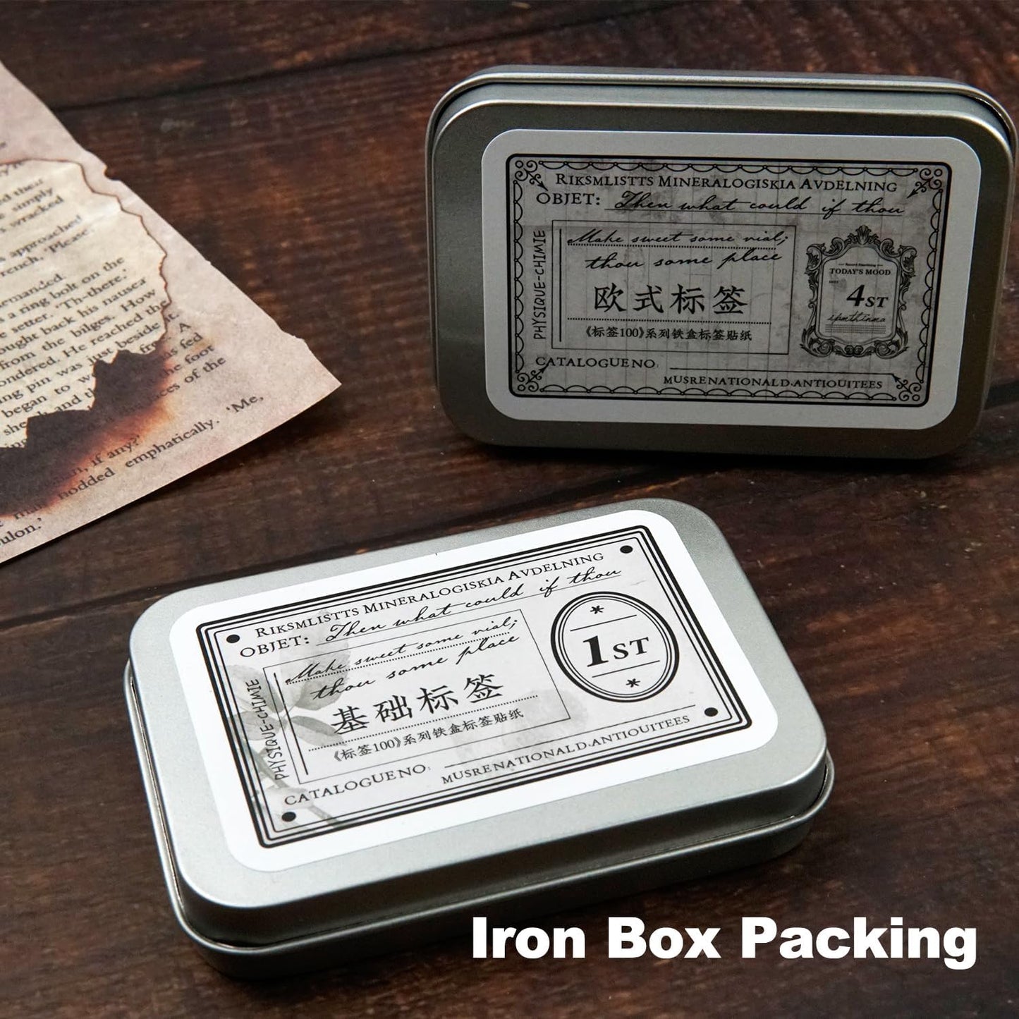 200 PCS Vintage Label Stickers Set, Retro Europe & Basic Designs for Journaling, Scrapbooking, DIY Crafts, Gift Wrapping, and Art, Includes 2 Iron Tins