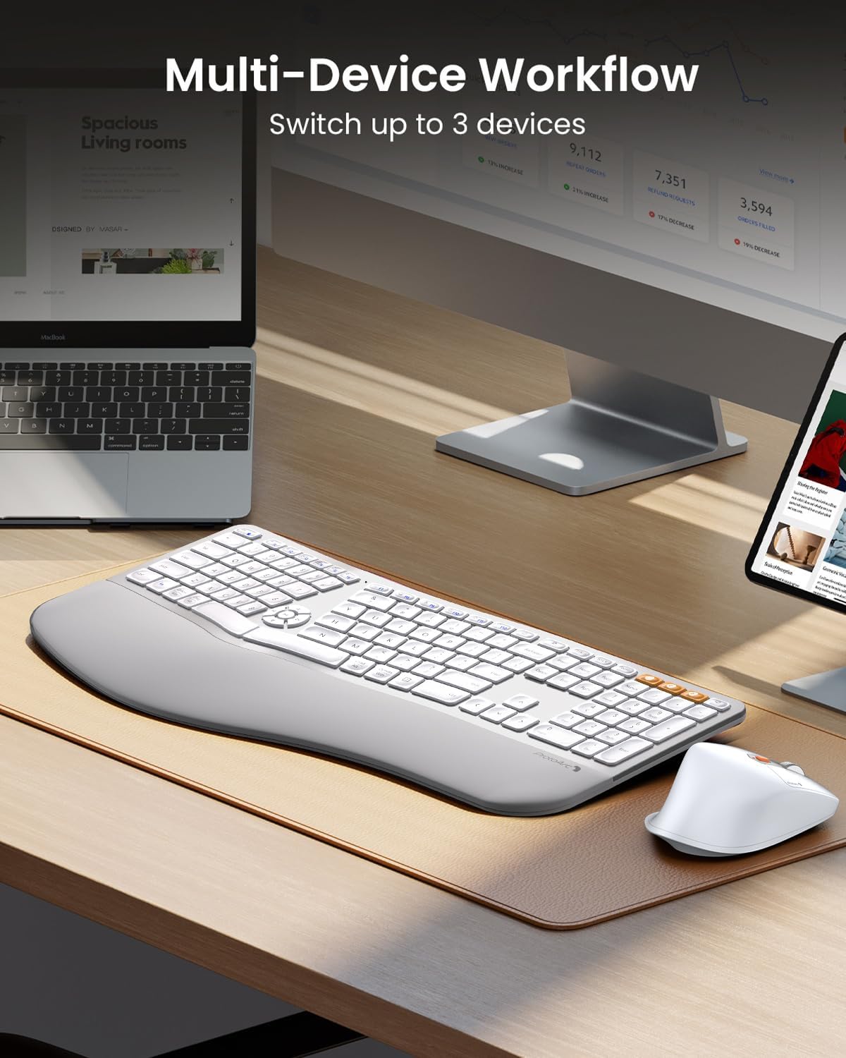 ProtoArc Ergonomic Wireless Keyboard Mouse, EKM01 Plus Full Size Ergo Bluetooth Keyboard Mouse Combo, Split Design, Wrist Rest, Multi-Device, Rechargeable, for Windows/Mac OS - White and Silver