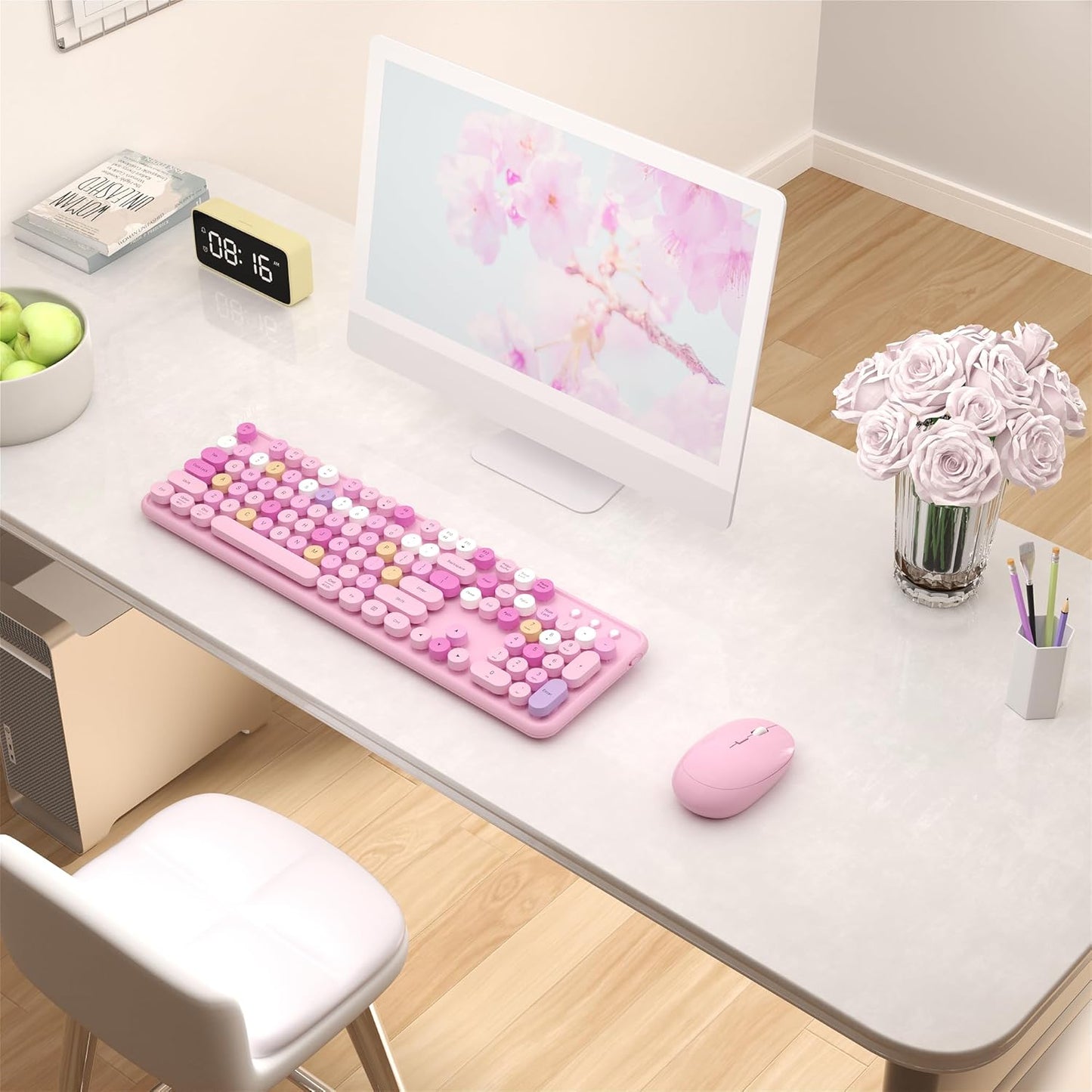 Colorful Wireless Keyboard and Mouse Combo, COVEVA 2.4GHz Wireless Retro Cute Round Keycaps Keyboard, 104 Keys Full-Sized Keyboard Mouse Set with Switch Button for PC Laptop Desktop (Pink Colorful)