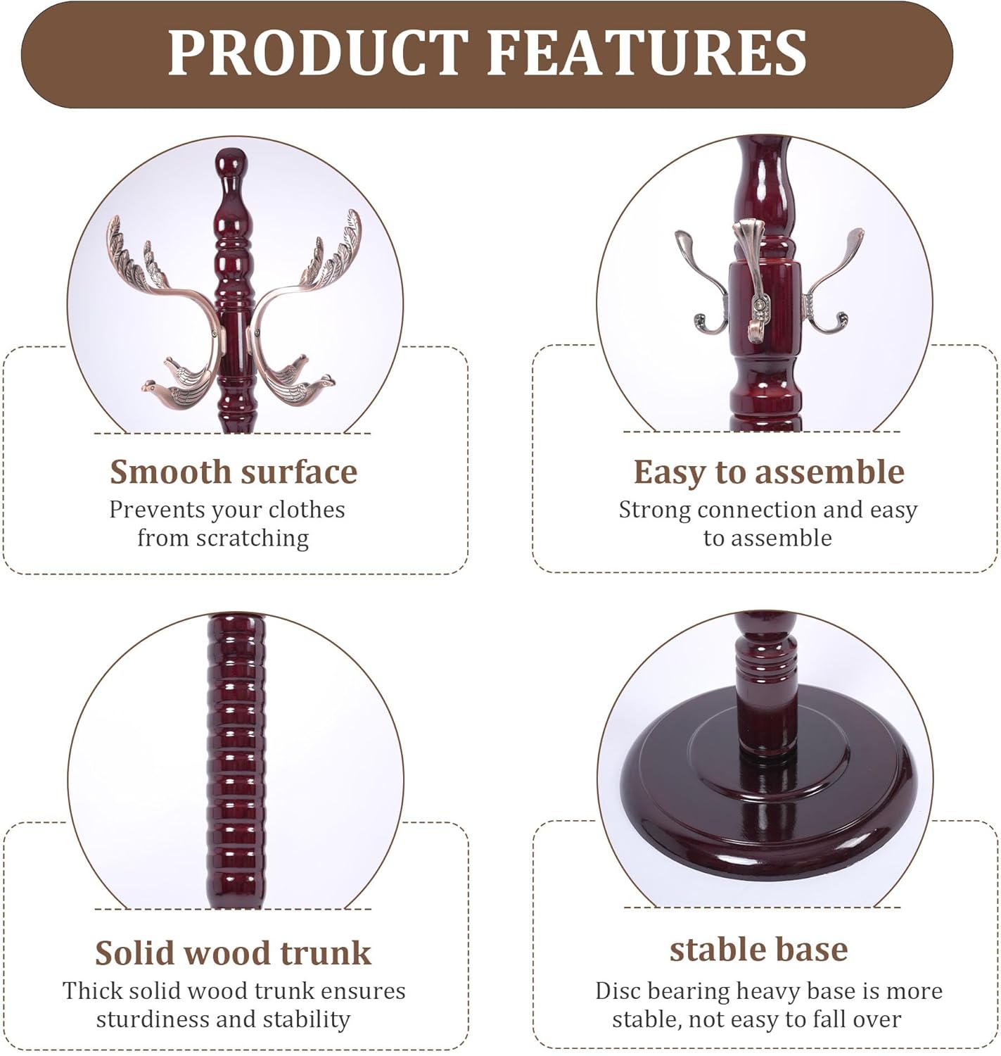 Wooden Coat Rack Free Standing 20 Metal Hooks, Vintage Coat Rack Stand for Entryway, Adjustable Height 73", Heavy Duty Coat Tree with Solid Round Base for Home Bedroom, Office(Walnut-m)