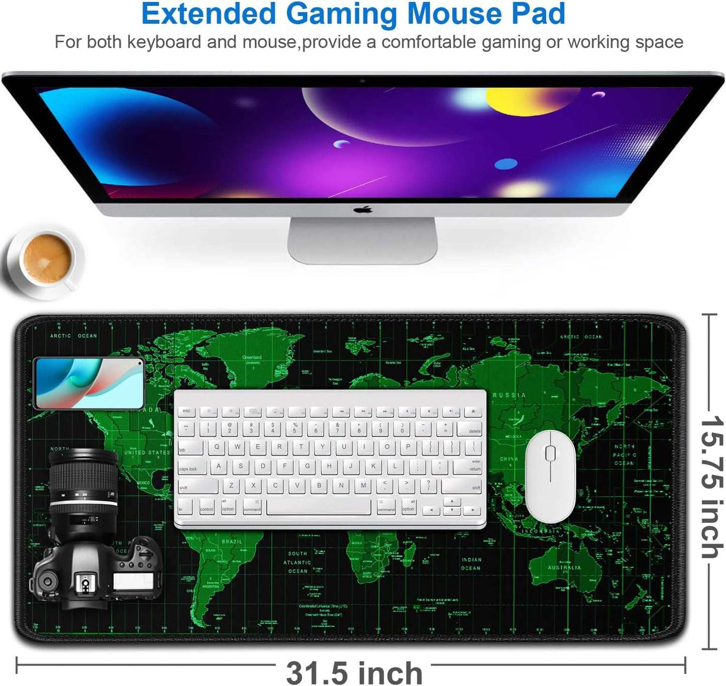 Large Gaming Mouse Pad, 31.5x15.7 inch Large Extended Computer Keyboard Mouse Mat, Water Resist Non-Slip Mousepad Rubber Base Long XXL Desk Mouse Pad for Work & Gaming, Office & Home, Green Map