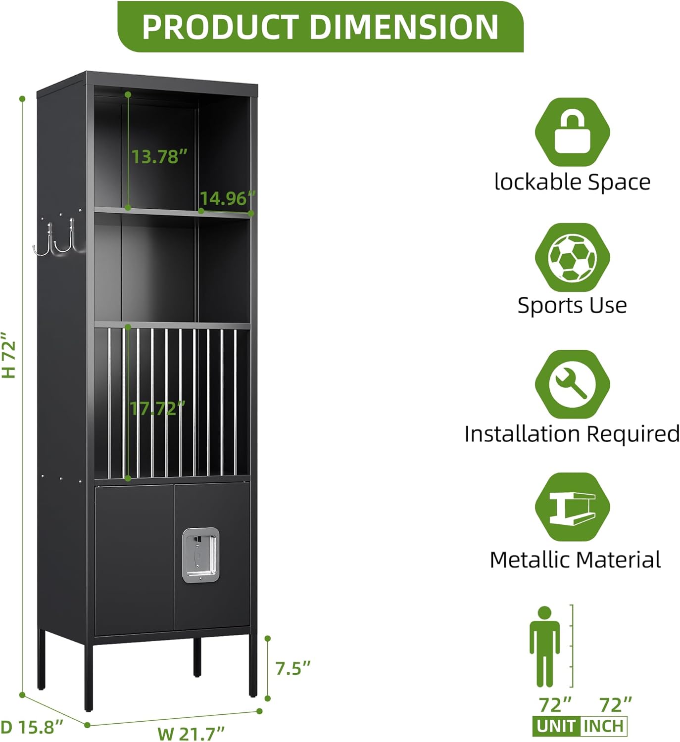 Aobabo 72" H Metal Storage Locker for Gym, for Stores Sports Gear Footballs, Rugby Balls and Tennis, Open Storage Locker with Hooks for School, Gym, Black, Assembly Required